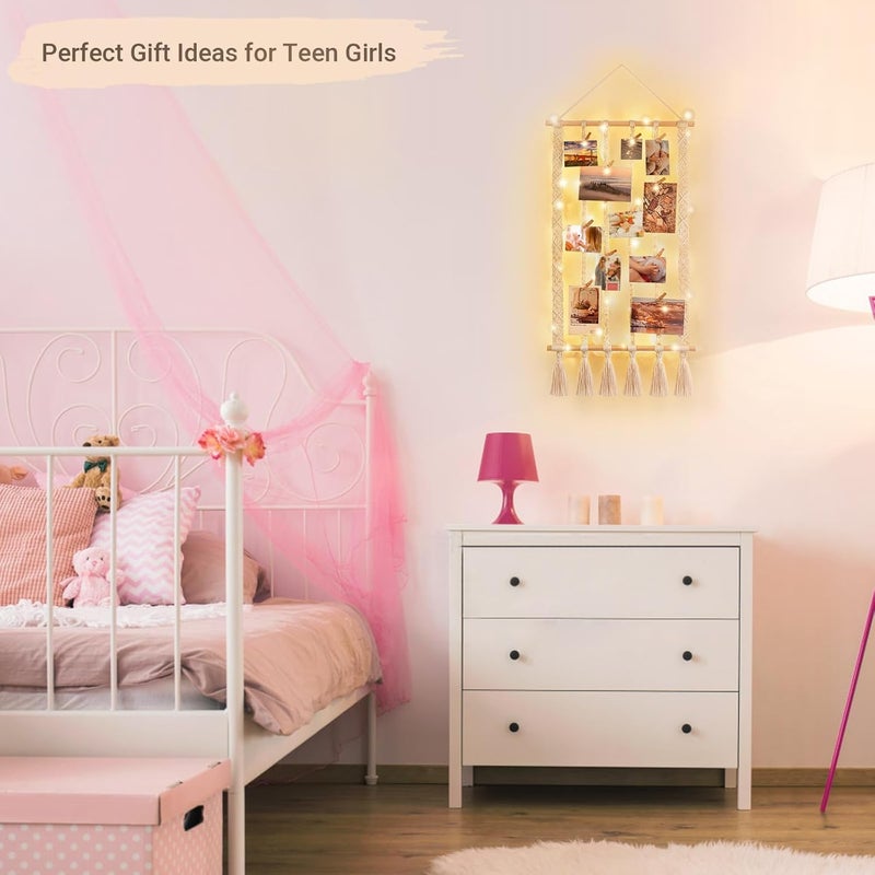 Dahey Macrame Hanging Photo Display Dorm Wall Decor Boho Picture Frames Collage for Picture String with Clips Photo Hanger with Lights Artwork for Teen Girl College Living Room Bedroom Christmas Gift - Image 4